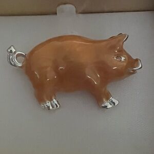 Vintage Pig Brooch Pin Yellow Enamel Rhinestone Eye
